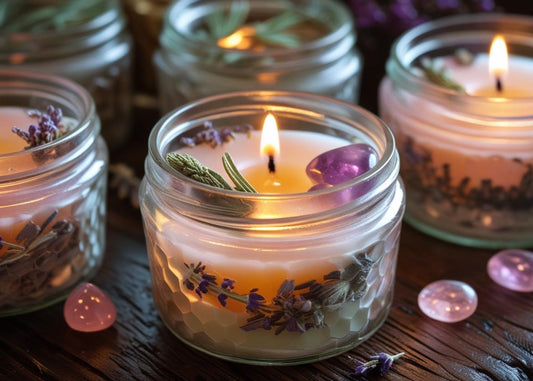 Beeswax ritual candles with herbs and crystals