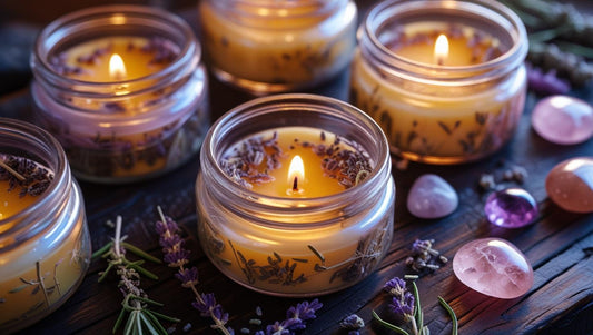 Beeswax ritual candles with herbs and crystals