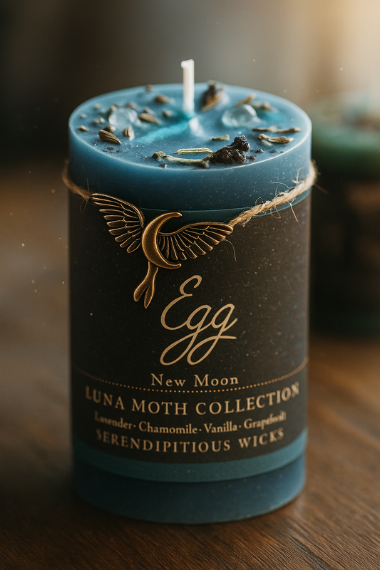 Blue candle with 'Egg' branding on a wooden surface
