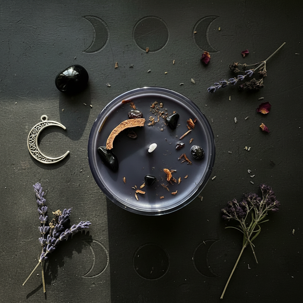 Lilith Candle with herbs and stones on a dark surface with moon phases