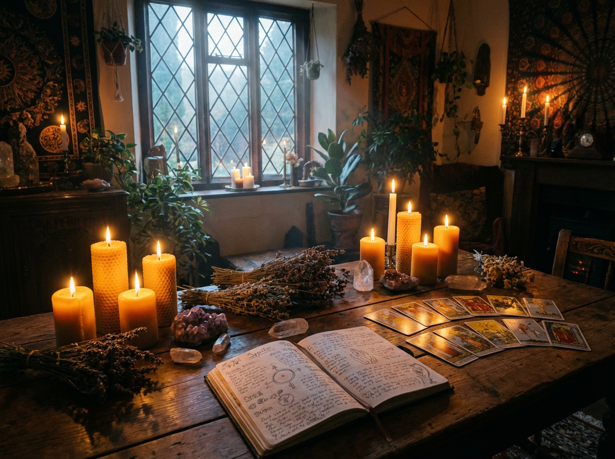 A candlelit table with an open book in a woodland cottage